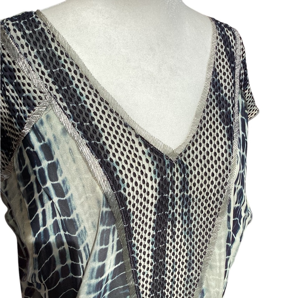 Burning Torch Upcycled Silk Blouse in Tie Dye Indigo on light Gray mesh detail - Picture 3 of 16